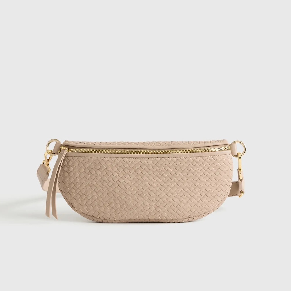Quince Italian leather handwoven sling bag - taupe